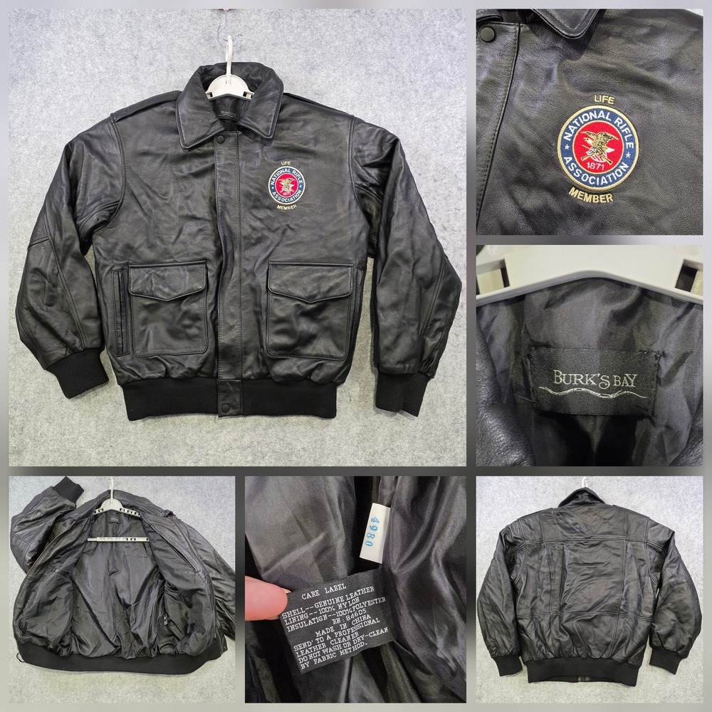 Burk's Bay Jacket Mens Medium Black Leather Bomber NRA Life Member Patch‎